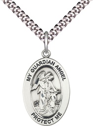 [11118SS/24S] Sterling Silver Guardian Angel w/Child Pendant on a 24 inch Light Rhodium Heavy Curb chain