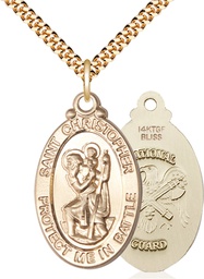 [1175GF5/24G] 14kt Gold Filled Saint Christopher National Guard Pendant on a 24 inch Gold Plate Heavy Curb chain