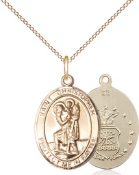 [1176GF1/18GF] 14kt Gold Filled Saint Christopher Air Force Pendant on a 18 inch Gold Filled Light Curb chain