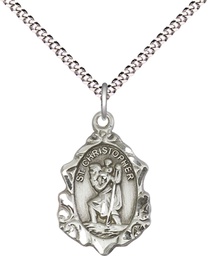 [0822CSS/18S] Sterling Silver Saint Christopher Pendant on a 18 inch Light Rhodium Light Curb chain