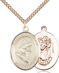 [7184GF/24GF] 14kt Gold Filled Saint Christopher Surfing Pendant on a 24 inch Gold Filled Heavy Curb chain