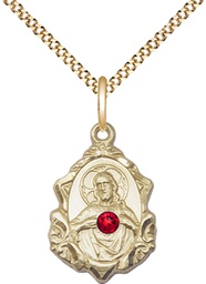[0822SGF-STN7/18G] 14kt Gold Filled Scapular w/ Ruby Stone Pendant with a 3mm Ruby Swarovski stone on a 18 inch Gold Plate Light Curb chain