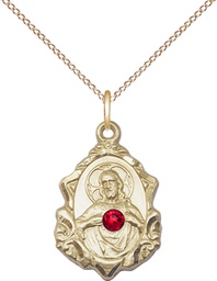 [0822SGF-STN7/18GF] 14kt Gold Filled Scapular w/ Ruby Stone Pendant with a 3mm Ruby Swarovski stone on a 18 inch Gold Filled Light Curb chain
