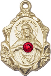 [0822SKT-STN7] 14kt Gold Scapular w/ Ruby Stone Medal with a 3mm Ruby Swarovski stone