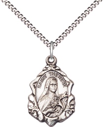 [0822TESS/18S] Sterling Silver Saint Therese of Lisieux Pendant on a 18 inch Light Rhodium Light Curb chain