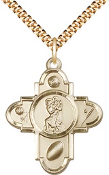 [5707GF/24G] 14kt Gold Filled Sports 5-Way St Christopher Pendant on a 24 inch Gold Plate Heavy Curb chain