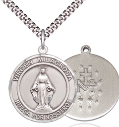 [7078RDSPSS/24S] Sterling Silver Virgen Milagrosa Pendant on a 24 inch Light Rhodium Heavy Curb chain