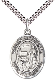 [7288SPSS/24S] Sterling Silver Virgen de Lourdes Pendant on a 24 inch Light Rhodium Heavy Curb chain