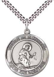 [7289RDSPSS/24S] Sterling Silver Virgen de la Merce Pendant on a 24 inch Light Rhodium Heavy Curb chain