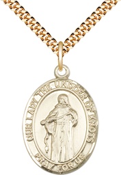 [7383GF/24G] 14kt Gold Filled Our Lady of Knots Pendant on a 24 inch Gold Plate Heavy Curb chain
