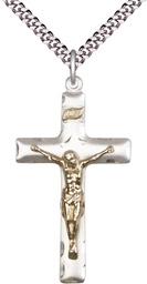 [2644GF/SS/24S] Two-Tone GF/SS Crucifix Pendant on a 24 inch Light Rhodium Heavy Curb chain