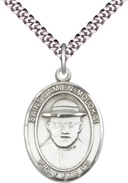 [7412SS/24S] Sterling Silver Saint Damien of Molokai Pendant on a 24 inch Light Rhodium Heavy Curb chain