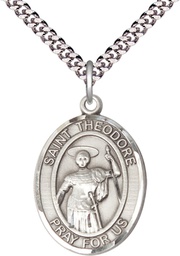 [7415SS/24S] Sterling Silver Saint Theodore Stratelates Pendant on a 24 inch Light Rhodium Heavy Curb chain