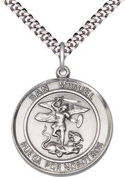 [7076RDSPSS/24S] Sterling Silver San Miguel Arcangel Pendant on a 24 inch Light Rhodium Heavy Curb chain