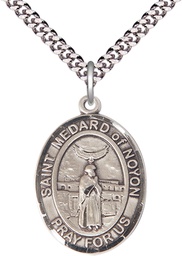 [7444SS/24S] Sterling Silver Saint Medard of Noyon Pendant on a 24 inch Light Rhodium Heavy Curb chain
