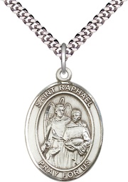[7092SS/24S] Sterling Silver Saint Raphael the Archangel Pendant on a 24 inch Light Rhodium Heavy Curb chain