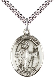 [7093SS/24S] Sterling Silver Saint Richard Pendant on a 24 inch Light Rhodium Heavy Curb chain