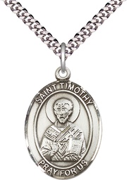 [7105SS/24S] Sterling Silver Saint Timothy Pendant on a 24 inch Light Rhodium Heavy Curb chain