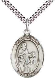 [7116SS/24S] Sterling Silver Saint Zachary Pendant on a 24 inch Light Rhodium Heavy Curb chain