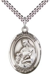 [7128SS/24S] Sterling Silver Saint Agnes of Rome Pendant on a 24 inch Light Rhodium Heavy Curb chain