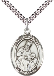 [7137SS/24S] Sterling Silver Saint Ambrose Pendant on a 24 inch Light Rhodium Heavy Curb chain