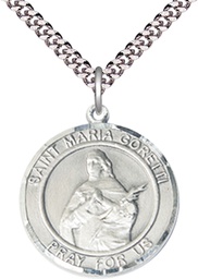 [7208RDSS/24S] Sterling Silver Saint Maria Goretti Pendant on a 24 inch Light Rhodium Heavy Curb chain