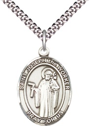 [7220SS/24S] Sterling Silver Saint Joseph the Worker Pendant on a 24 inch Light Rhodium Heavy Curb chain