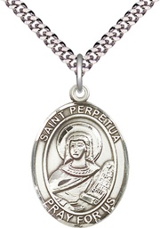 [7272SS/24S] Sterling Silver Saint Perpetua Pendant on a 24 inch Light Rhodium Heavy Curb chain