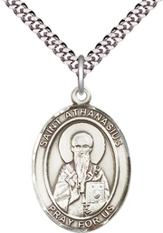 [7296SS/24S] Sterling Silver Saint Athanasius Pendant on a 24 inch Light Rhodium Heavy Curb chain