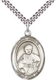 [7305SS/24S] Sterling Silver Saint Pius X Pendant on a 24 inch Light Rhodium Heavy Curb chain