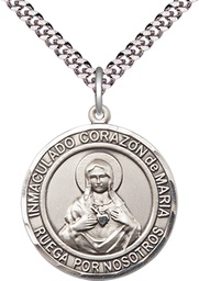 [7337RDSPSS/24S] Sterling Silver Corazon Inmaculado de Maria Pendant on a 24 inch Light Rhodium Heavy Curb chain