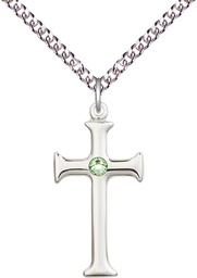 [6008SS-STN8/24SS] Sterling Silver Cross Pendant with a 3mm Peridot Swarovski stone on a 24 inch Sterling Silver Heavy Curb chain