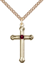 [6022GF-STN1/24GF] 14kt Gold Filled Cross Pendant with a 3mm Garnet Swarovski stone on a 24 inch Gold Filled Heavy Curb chain