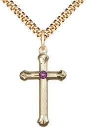 [6022GF-STN2/24G] 14kt Gold Filled Cross Pendant with a 3mm Amethyst Swarovski stone on a 24 inch Gold Plate Heavy Curb chain