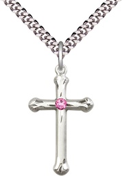 [6022SS-STN10/24S] Sterling Silver Cross Pendant with a 3mm Rose Swarovski stone on a 24 inch Light Rhodium Heavy Curb chain