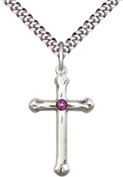 [6022SS-STN2/24S] Sterling Silver Cross Pendant with a 3mm Amethyst Swarovski stone on a 24 inch Light Rhodium Heavy Curb chain