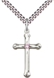 [6022SS-STN6/24S] Sterling Silver Cross Pendant with a 3mm Light Amethyst Swarovski stone on a 24 inch Light Rhodium Heavy Curb chain