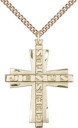 [6034GF/24GF] 14kt Gold Filled Jesus Christus Cross Pendant on a 24 inch Gold Filled Heavy Curb chain