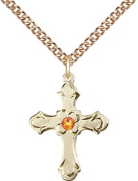 [6036GF2-STN11/24GF] 14kt Gold Filled Cross Pendant with a 3mm Topaz Swarovski stone on a 24 inch Gold Filled Heavy Curb chain