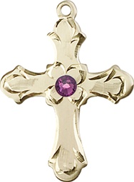 [6036GF2-STN2] 14kt Gold Filled Cross Medal with a 3mm Amethyst Swarovski stone