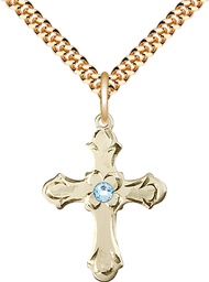[6036GF2-STN3/24G] 14kt Gold Filled Cross Pendant with a 3mm Aqua Swarovski stone on a 24 inch Gold Plate Heavy Curb chain
