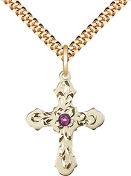 [6036GF3-STN2/24G] 14kt Gold Filled Cross Pendant with a 3mm Amethyst Swarovski stone on a 24 inch Gold Plate Heavy Curb chain