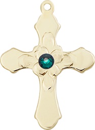 [6036GF4-STN5] 14kt Gold Filled Cross Medal with a 3mm Emerald Swarovski stone