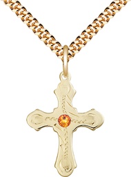 [6036GF6-STN11/24G] 14kt Gold Filled Cross Pendant with a 3mm Topaz Swarovski stone on a 24 inch Gold Plate Heavy Curb chain