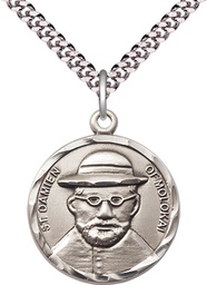 [4273SS/24S] Sterling Silver Saint Damien of Molokai Pendant on a 24 inch Light Rhodium Heavy Curb chain