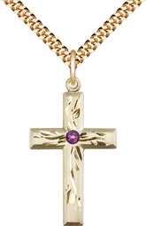 [5924GF-STN2/24G] 14kt Gold Filled Cross Pendant with a 3mm Amethyst Swarovski stone on a 24 inch Gold Plate Heavy Curb chain