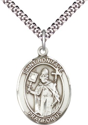 [7009SS/24S] Sterling Silver Saint Boniface Pendant on a 24 inch Light Rhodium Heavy Curb chain