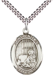 [7013SS/24S] Sterling Silver Saint Benjamin Pendant on a 24 inch Light Rhodium Heavy Curb chain