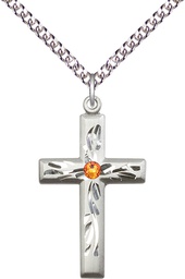 [5924SS-STN11/24SS] Sterling Silver Cross Pendant with a 3mm Topaz Swarovski stone on a 24 inch Sterling Silver Heavy Curb chain