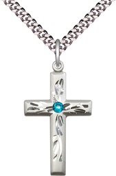 [5924SS-STN12/24S] Sterling Silver Cross Pendant with a 3mm Zircon Swarovski stone on a 24 inch Light Rhodium Heavy Curb chain